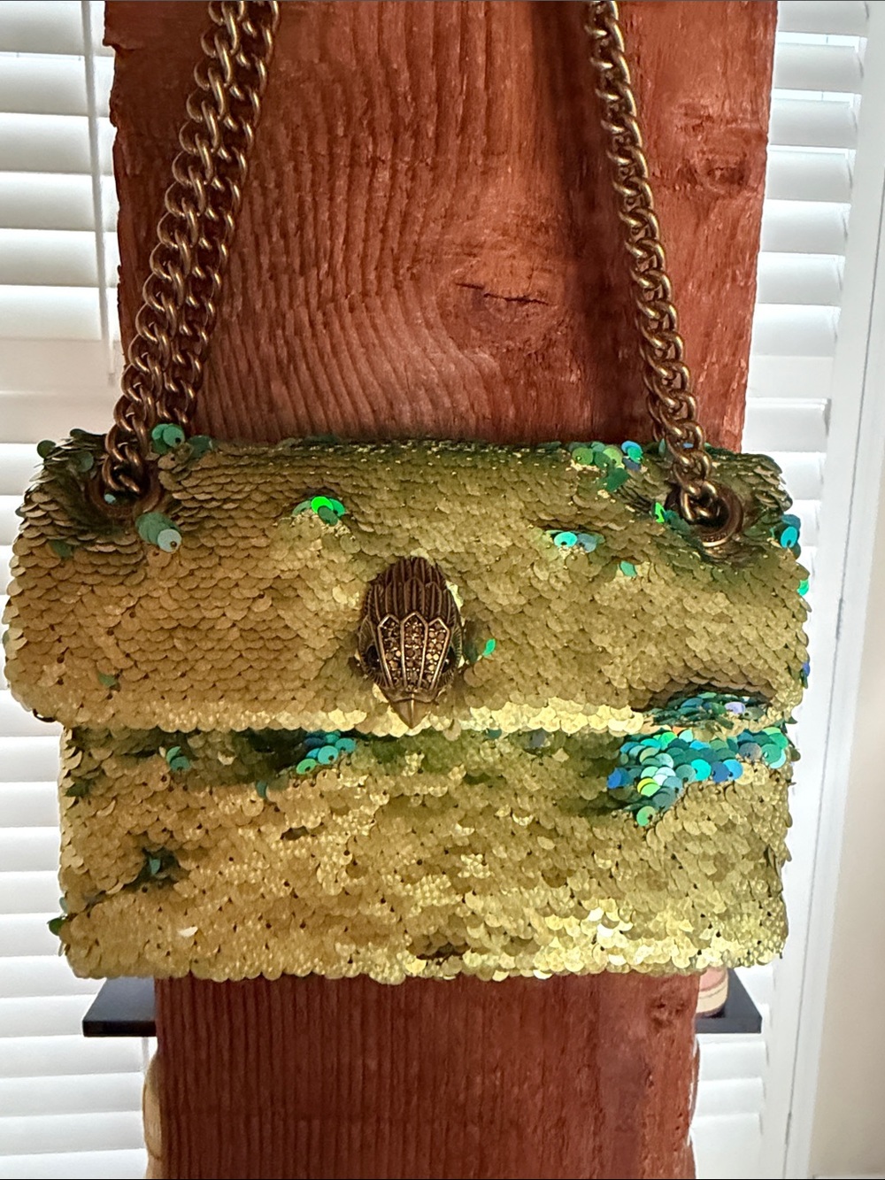 Kurt Geiger Sequin Chain Shoulder Bag in Green and Gold - Picture 3 of 6